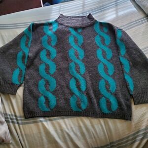 Vintage The Higbee Company Gray and Teal Chain Pattern Sweater